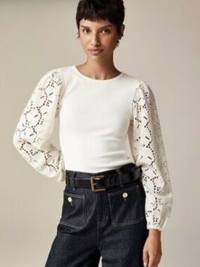 J.CREW rib top with cotton poplin eyelet sleeves boho romantic ivory size XL